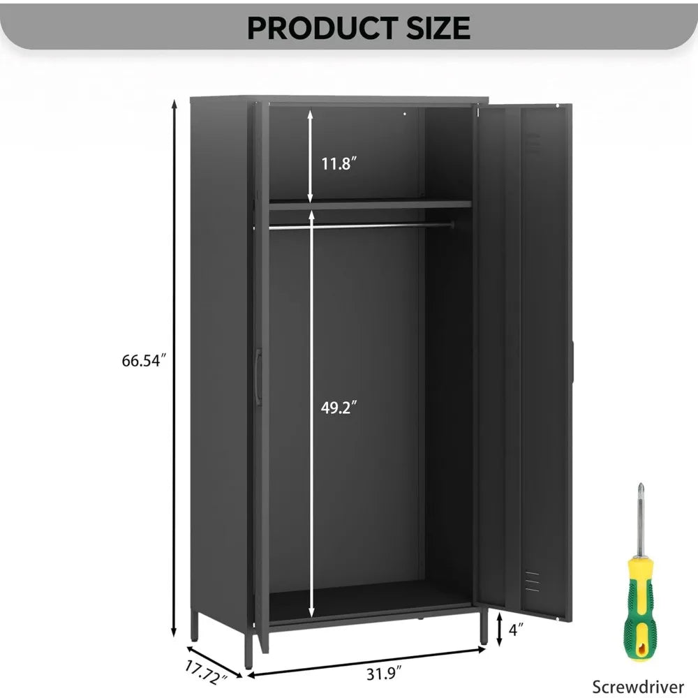 Heavy-Duty Rustproof Metal Storage Cabinet with Fixed Shelf and Hanging Rod