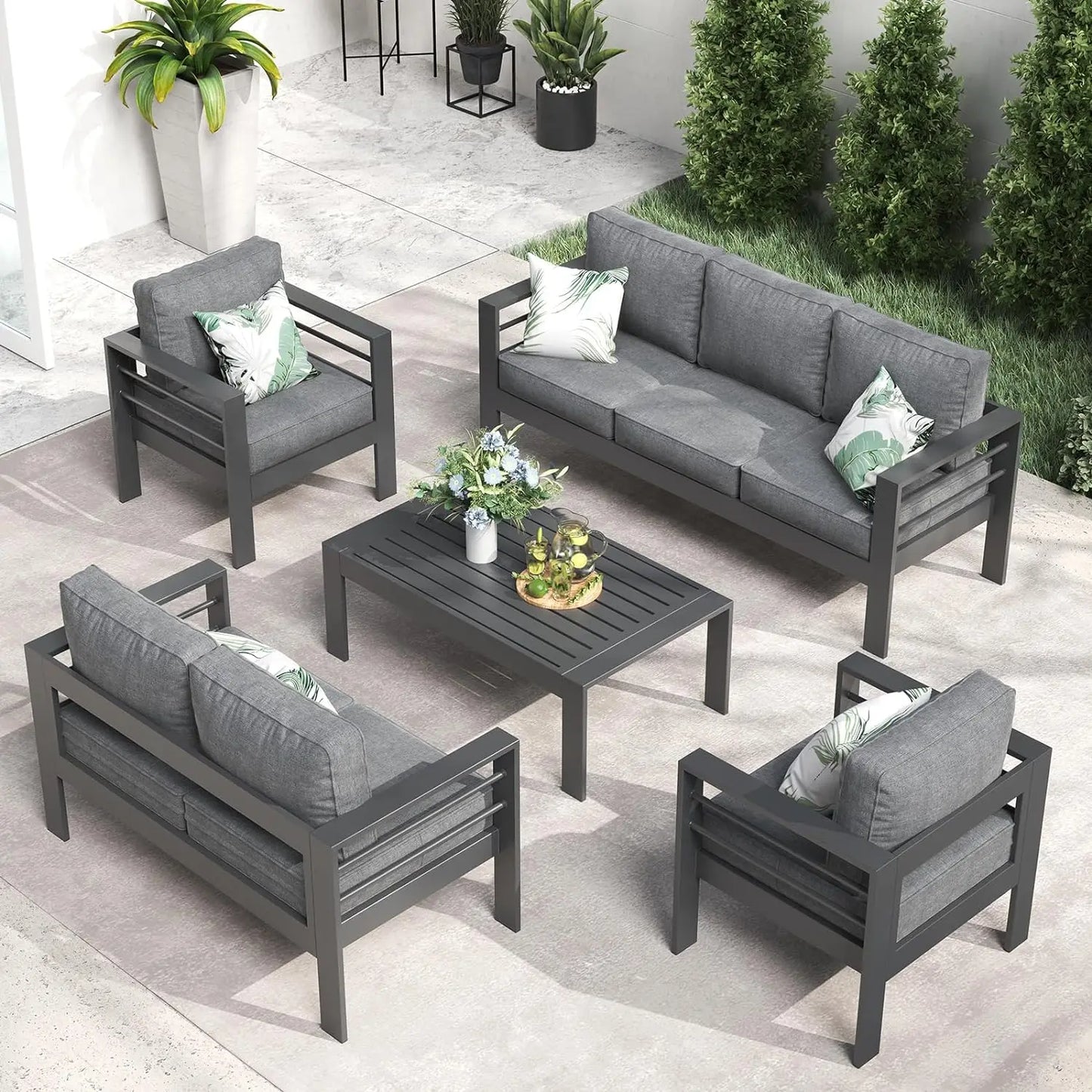 5 Piece Aluminum Patio Furniture Set with Fire Pit Table
