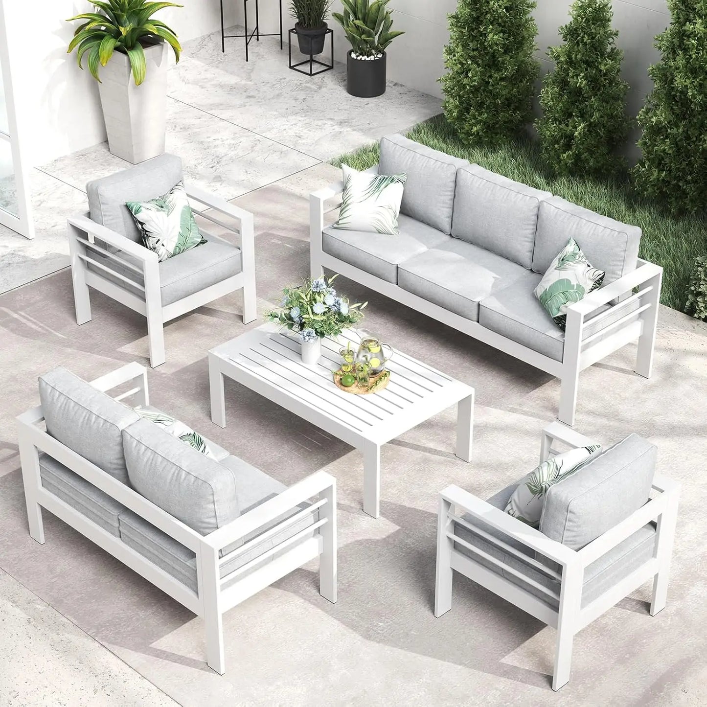 5 Piece Aluminum Patio Furniture Set with Fire Pit Table