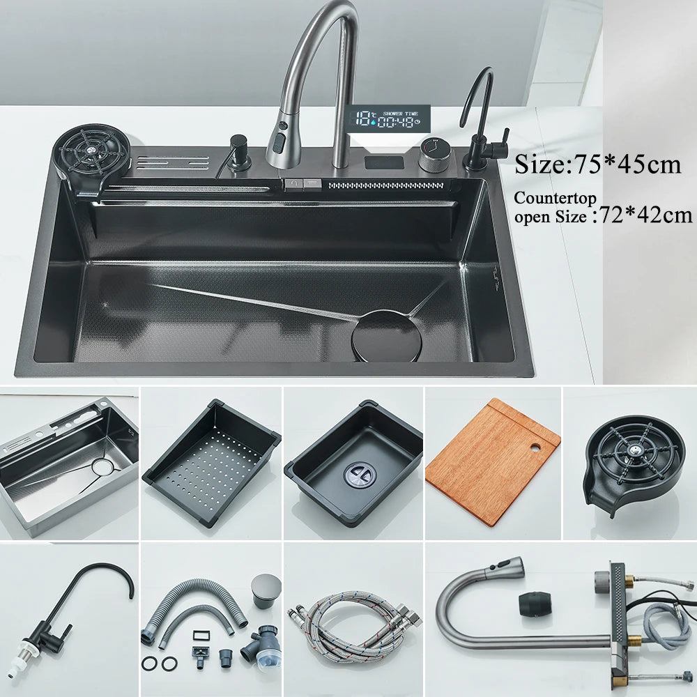 Stainless Steel Waterfall Kitchen Sink With Large Single Slot Integrated Digital Display, Faucet Set, Soap Dispenser And Cup Washer