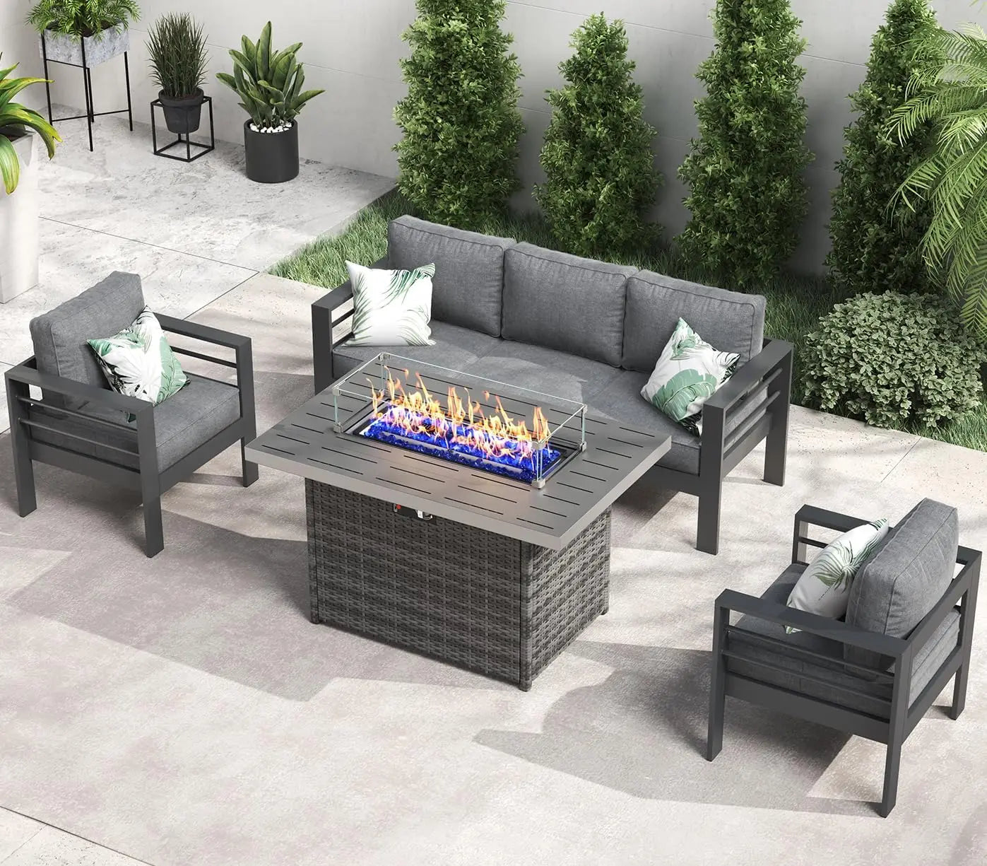 5 Piece Aluminum Patio Furniture Set with Fire Pit Table