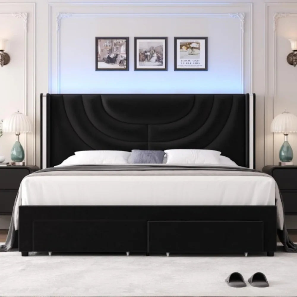 Upholstered Bed Frame with 2 Storage Drawers
