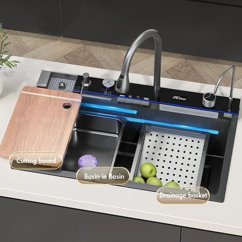 Stainless Steel Waterfall Kitchen Sink With Large Single Slot Integrated Digital Display, Faucet Set, Soap Dispenser And Cup Washer