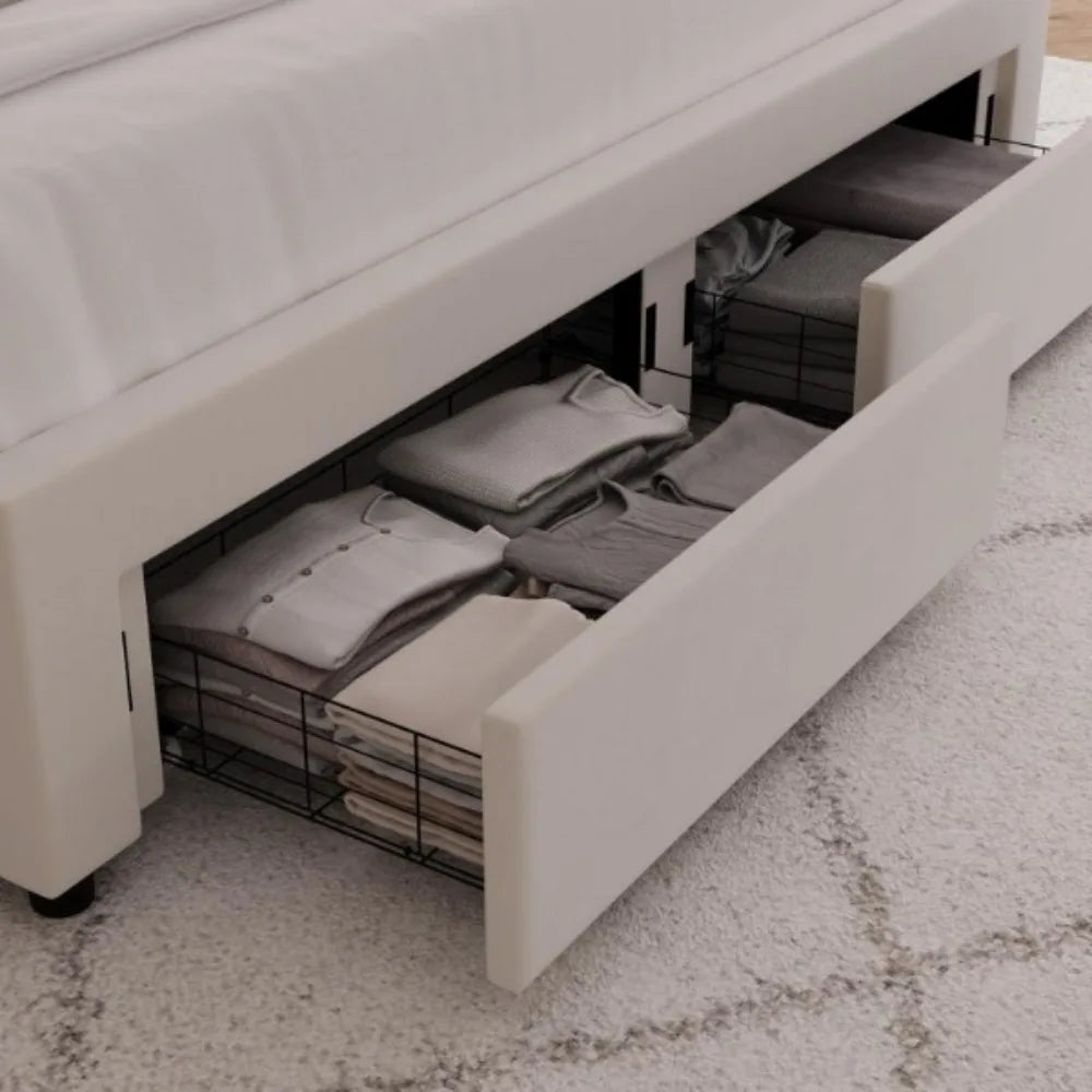 Upholstered Bed Frame with 2 Storage Drawers