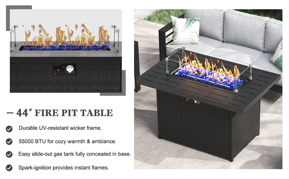 5 Piece Aluminum Patio Furniture Set with Fire Pit Table