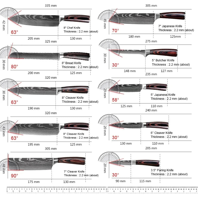 Laser Damascus Pattern Japanese Kitchen Knives Set With Chef Knife