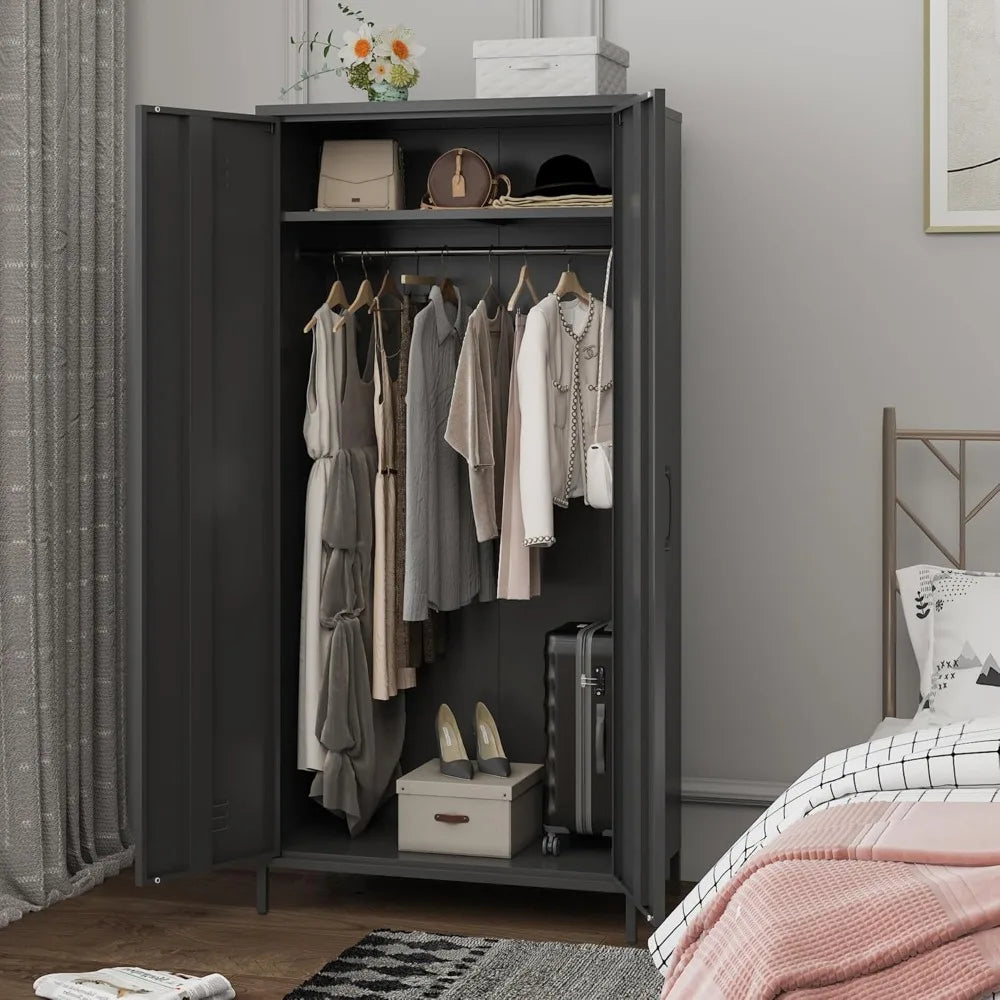 Heavy-Duty Rustproof Metal Storage Cabinet with Fixed Shelf and Hanging Rod