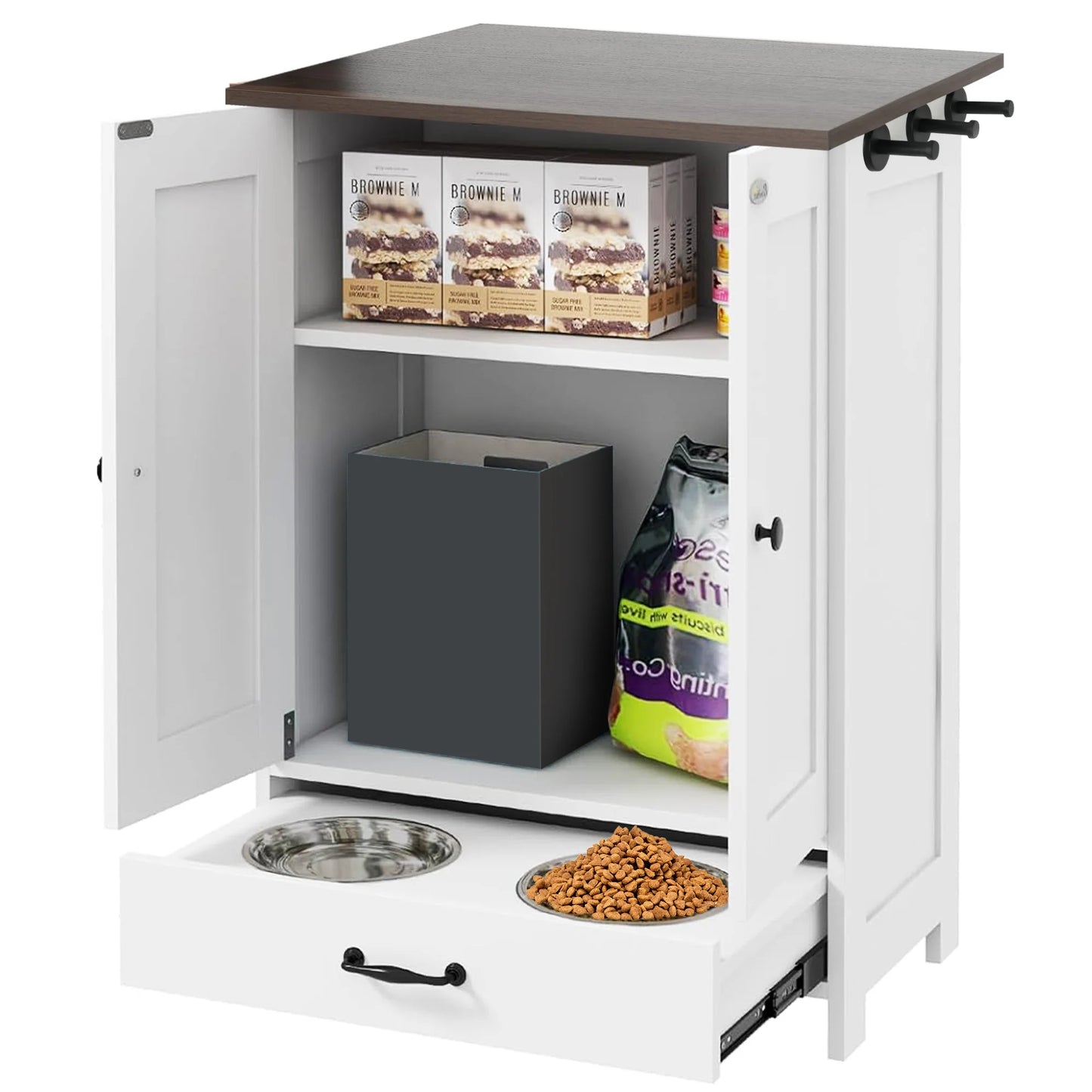 Pet Feeding Station And Food Storage Cabinet with 3 Hooks