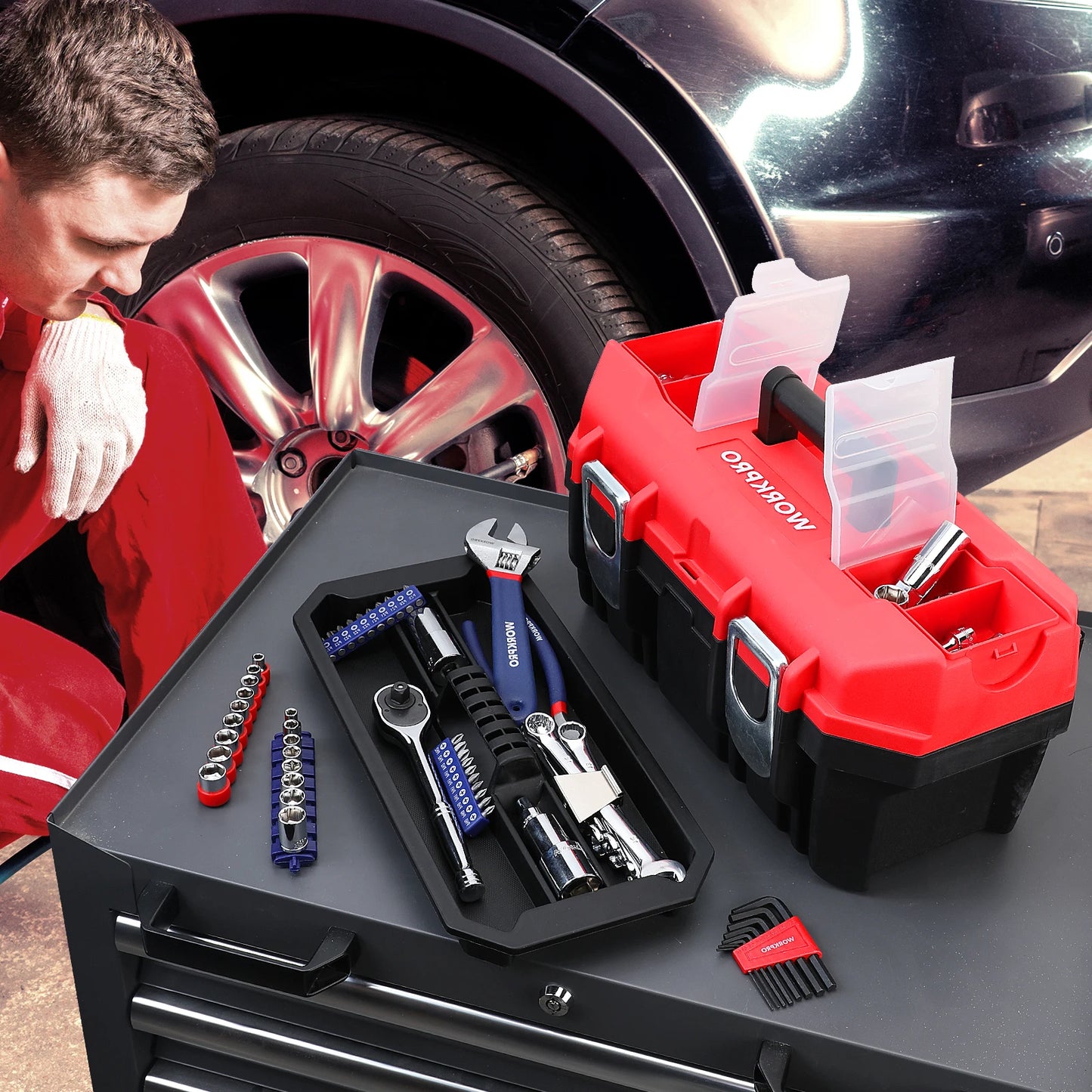 16" Waterproof Double Layer Tool Box with Tray Storage