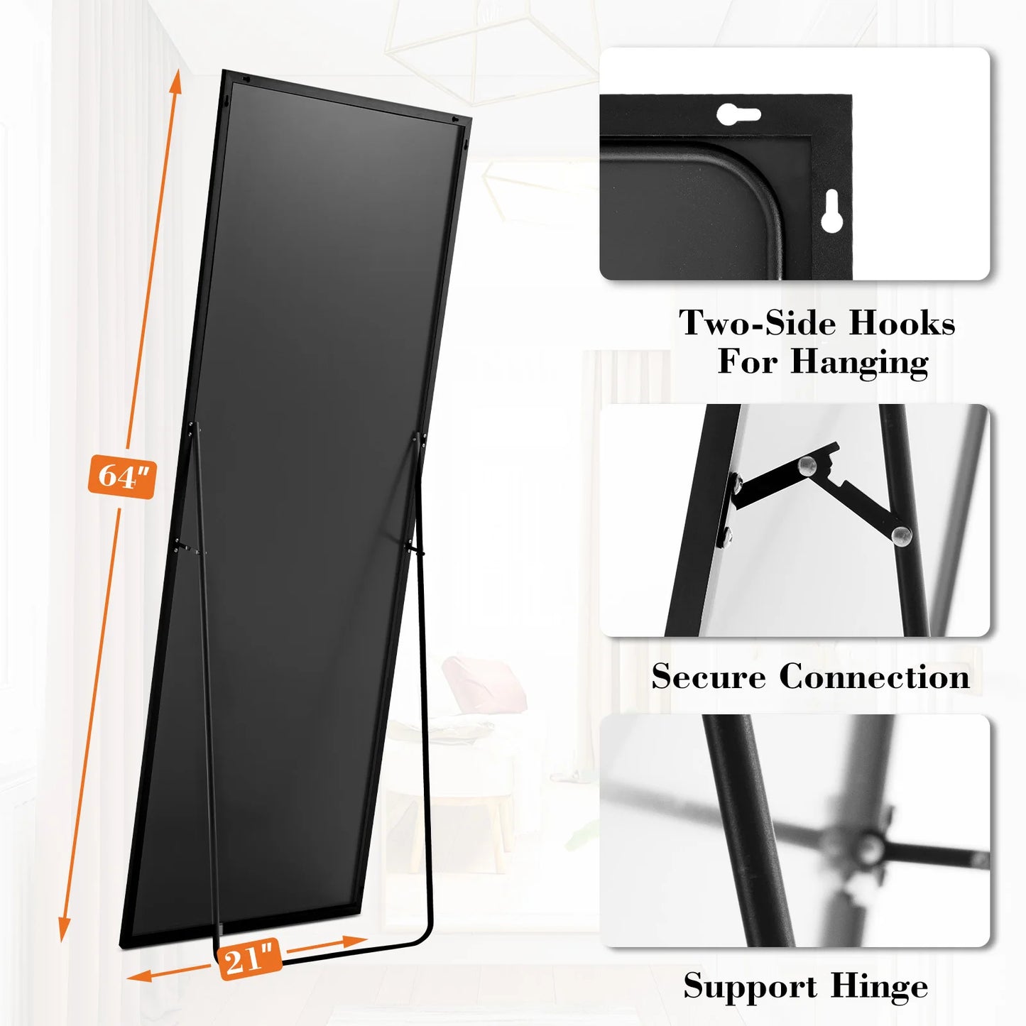 64"x21" Full Body Standing, Hanging or Leaning Mirrors with Stand