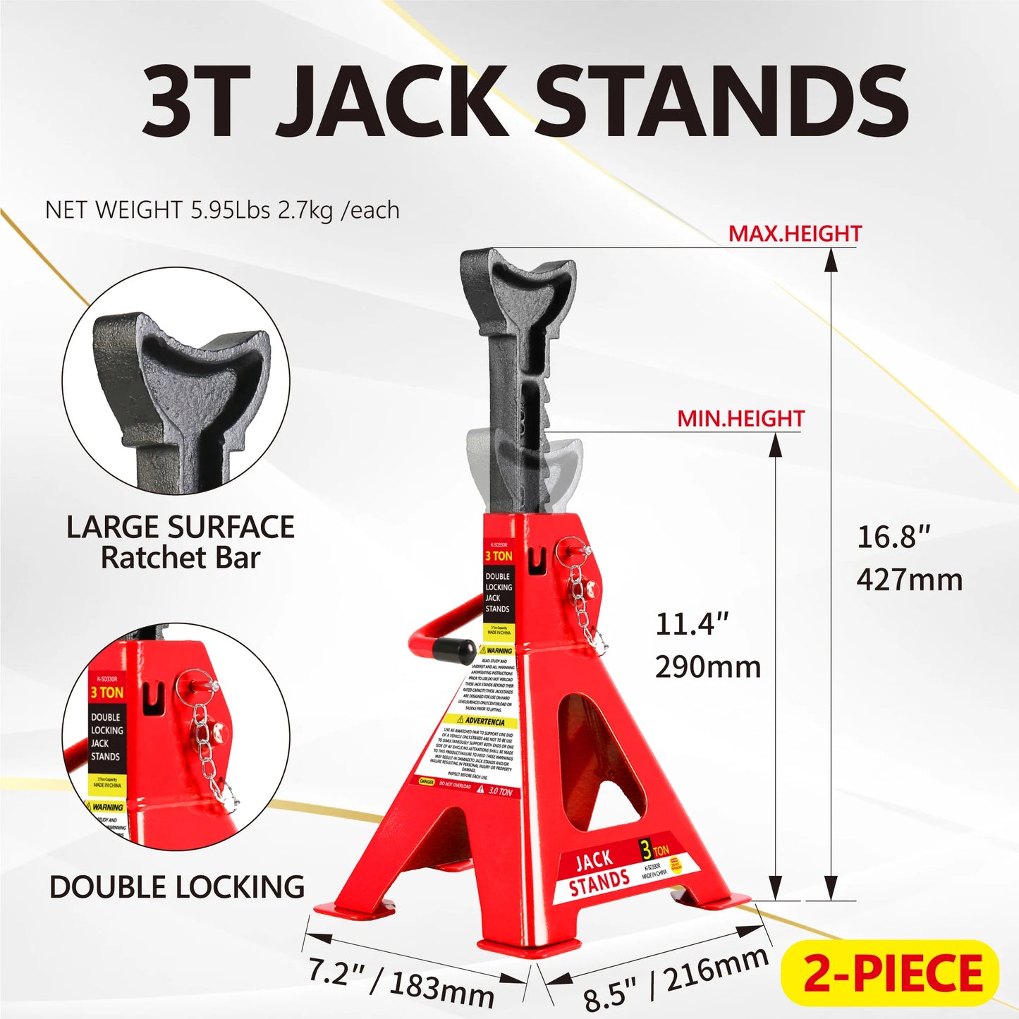 2T Low Profile Floor Jack with 3T Jack Stands and Tire Repair Kit