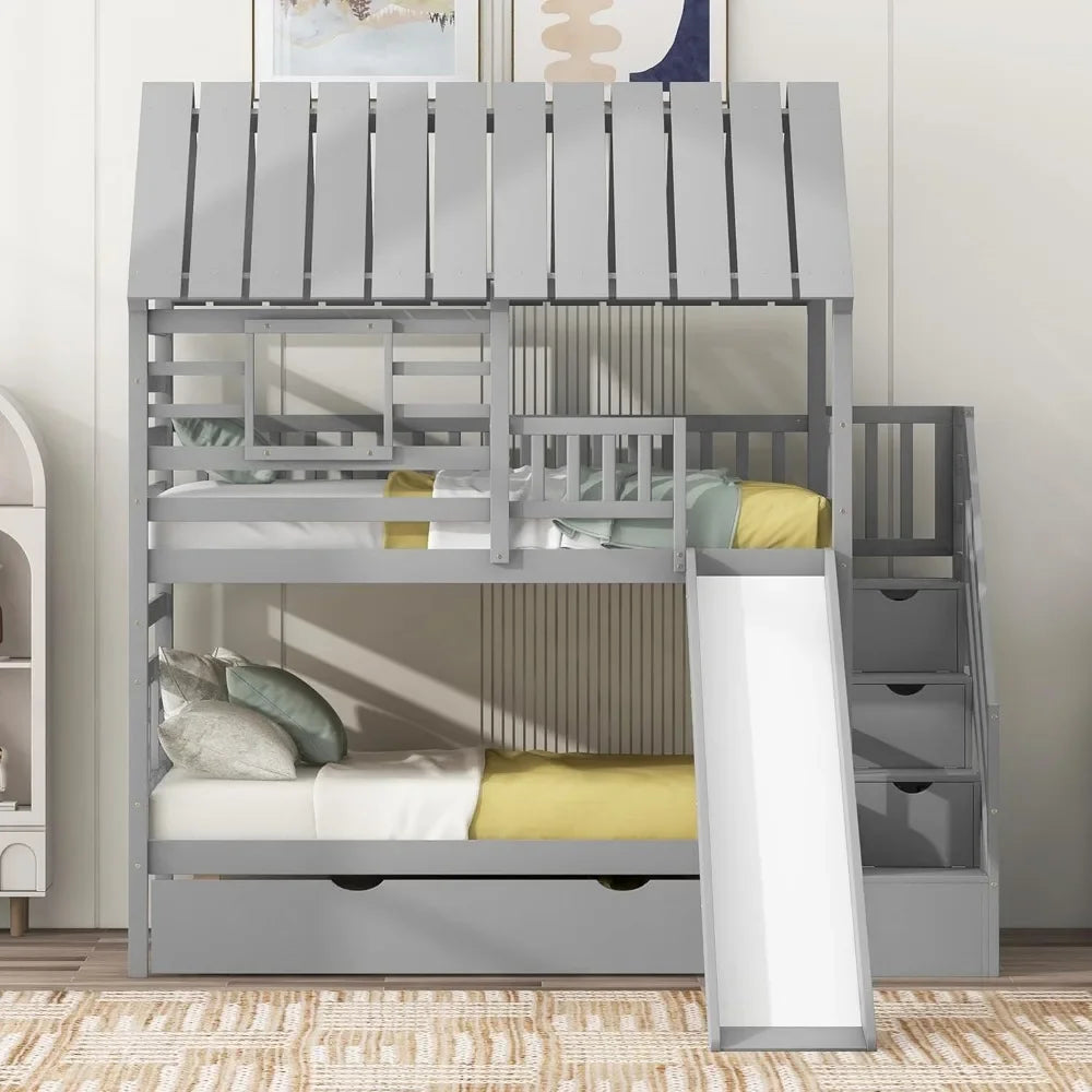 Kids Twin Over Twin Bunk Beds with Slide and Trundle