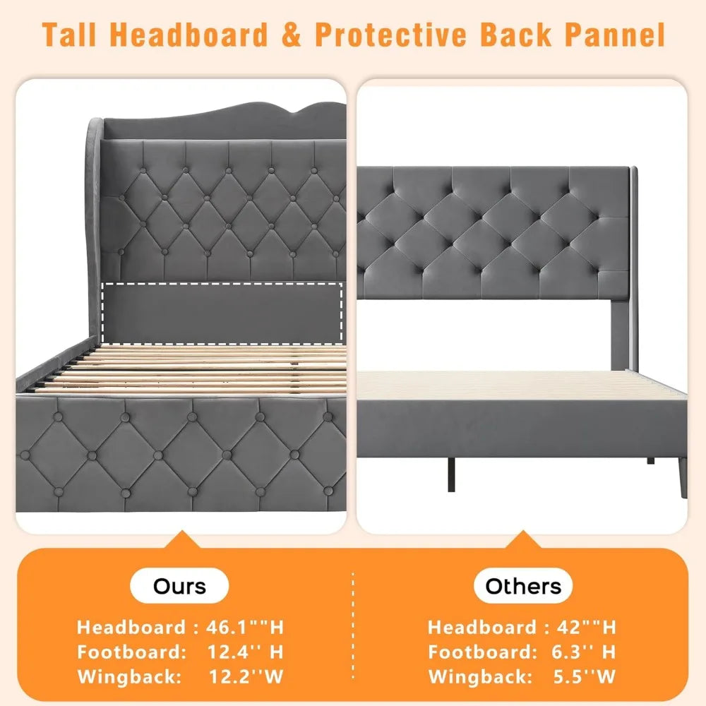 Velvet Upholstered Platform Bed with Tall Headboard, Charging Station and 4 Storage Drawers