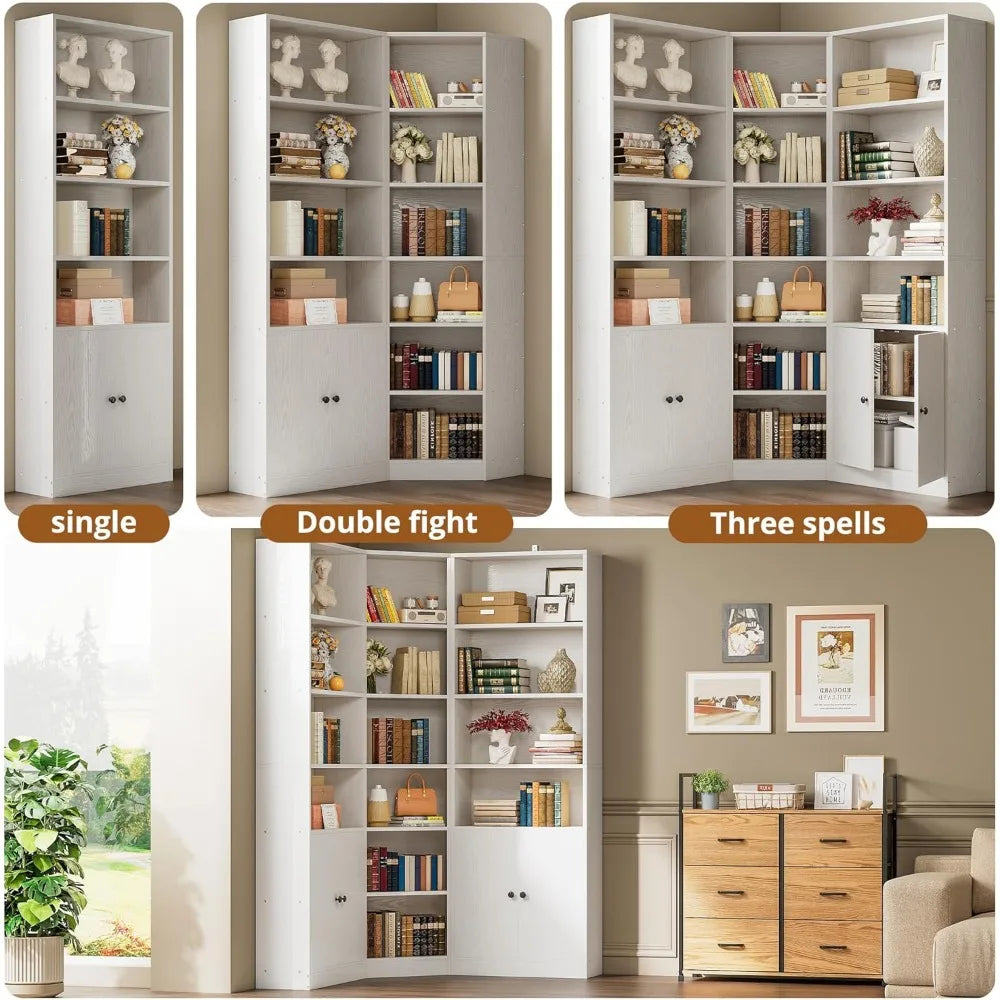 71" Corner Bookshelf with 2 Storage Cabinets and 7 Tier Adjustable Shelves