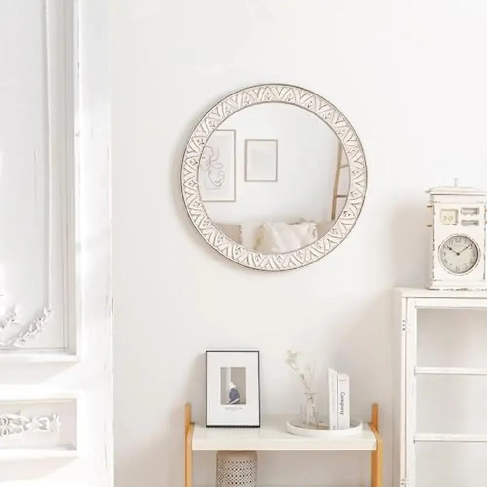 24" Round Distressed Wooden Frame - Decorative Wall Mirror