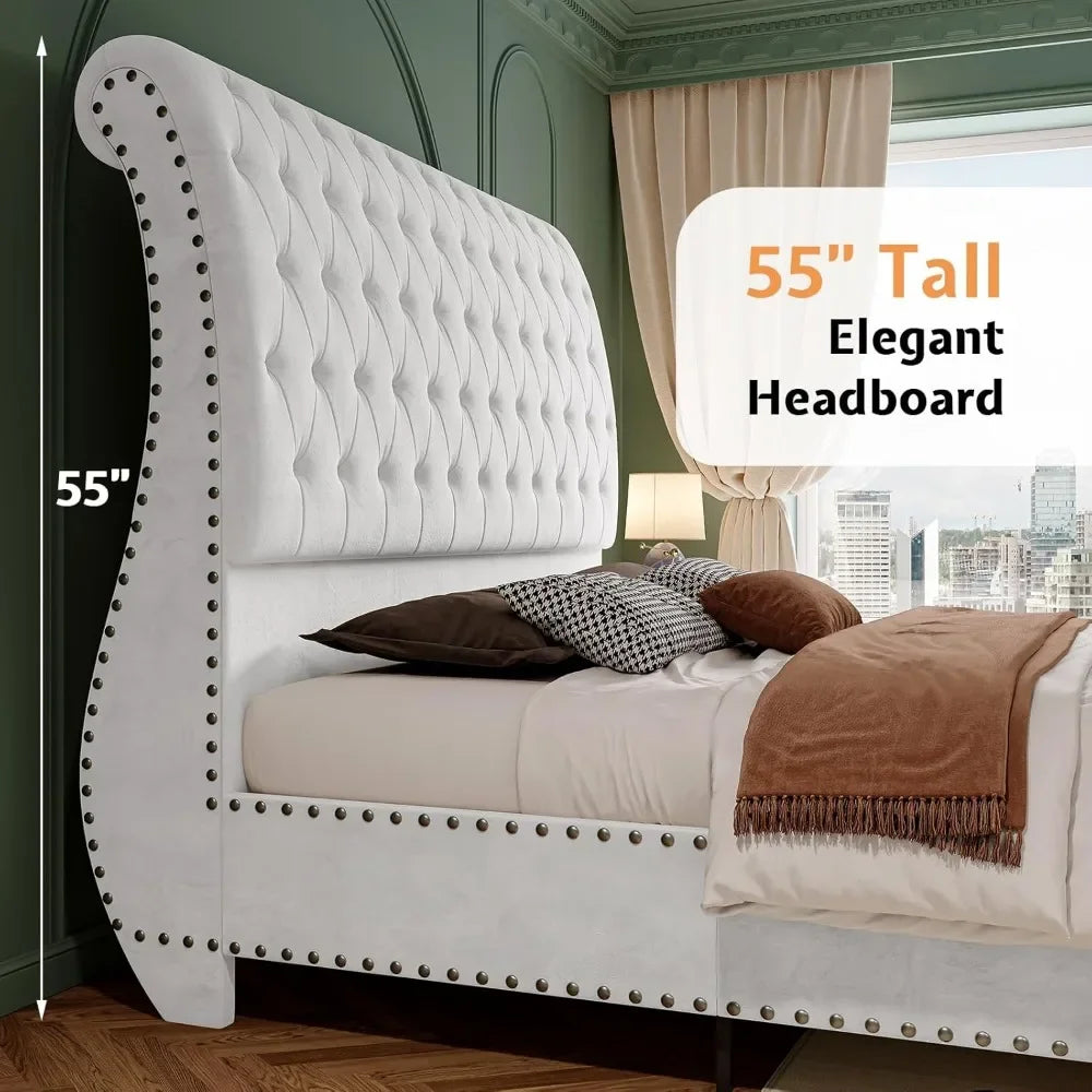 Queen Size Velvet Upholstered Platform Sleigh Bed with Scroll Headboard & Footboard