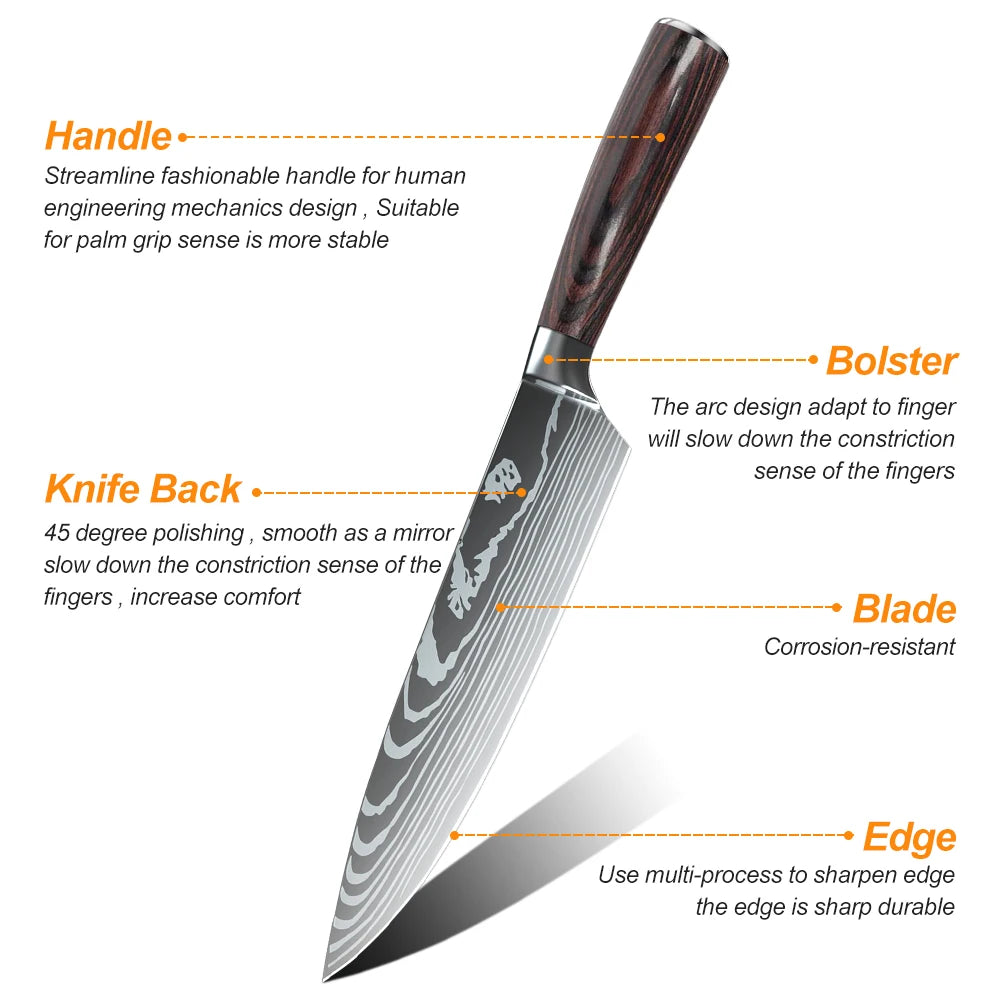 Laser Damascus Pattern Japanese Kitchen Knives Set With Chef Knife