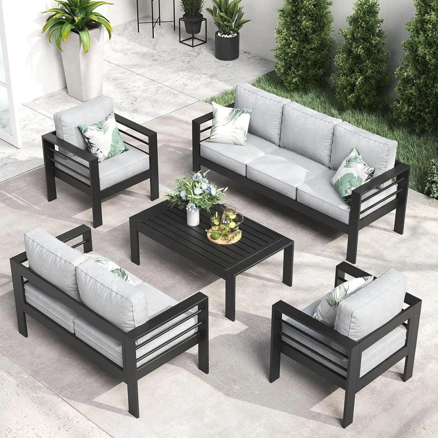 5 Piece Aluminum Patio Furniture Set with Fire Pit Table