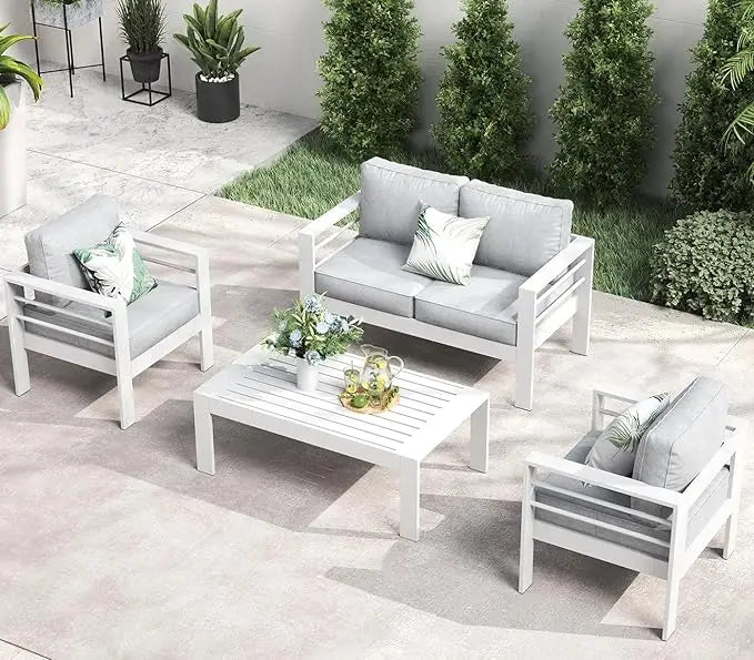 5 Piece Aluminum Patio Furniture Set with Fire Pit Table
