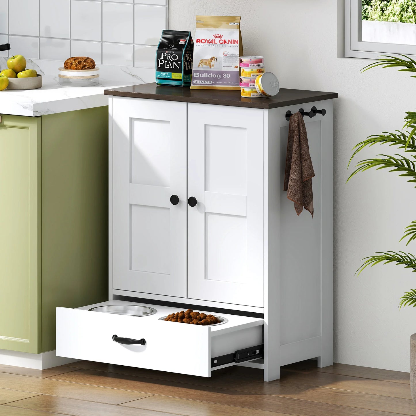 Pet Feeding Station And Food Storage Cabinet with 3 Hooks