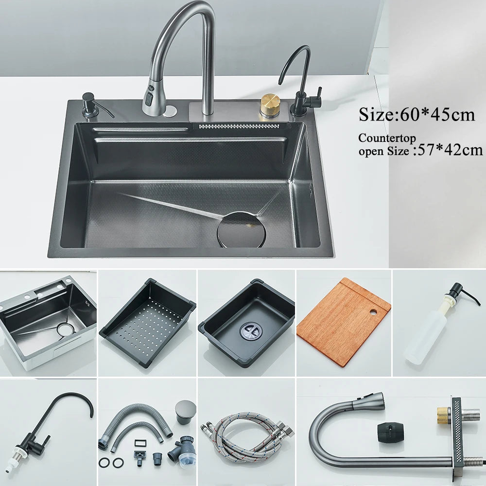 Stainless Steel Waterfall Kitchen Sink With Large Single Slot Integrated Digital Display, Faucet Set, Soap Dispenser And Cup Washer