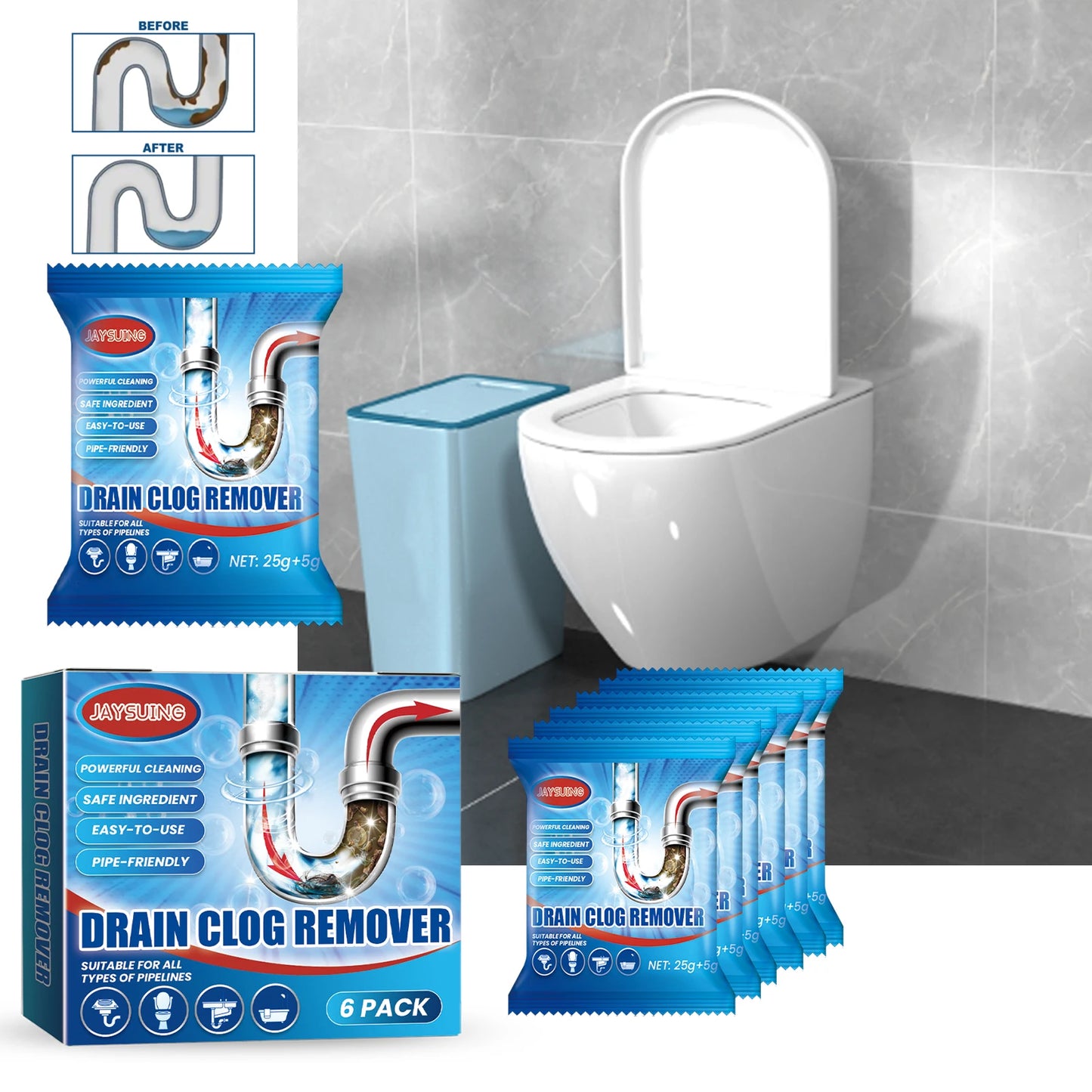 Toilet or Kitchen Drain Blockage, Non-Irritating, Clean, Deodorant Powder