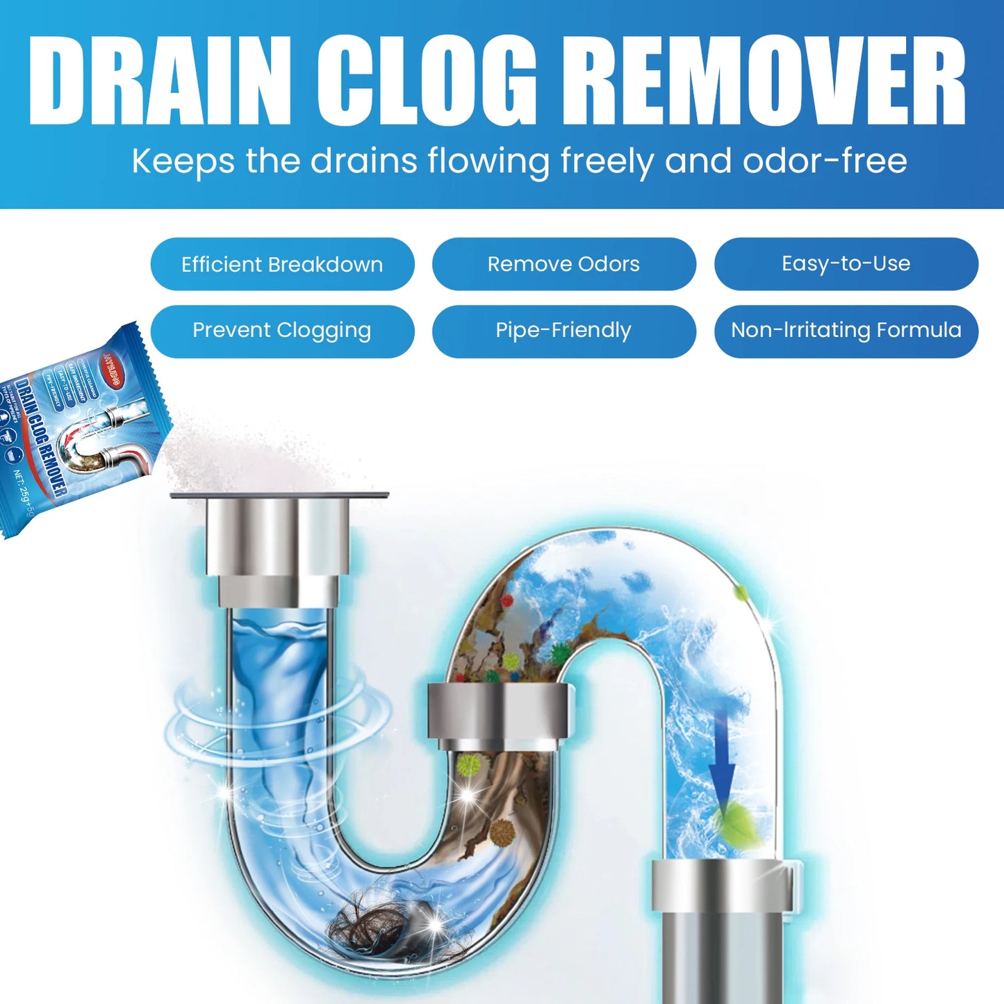 Toilet or Kitchen Drain Blockage, Non-Irritating, Clean, Deodorant Powder