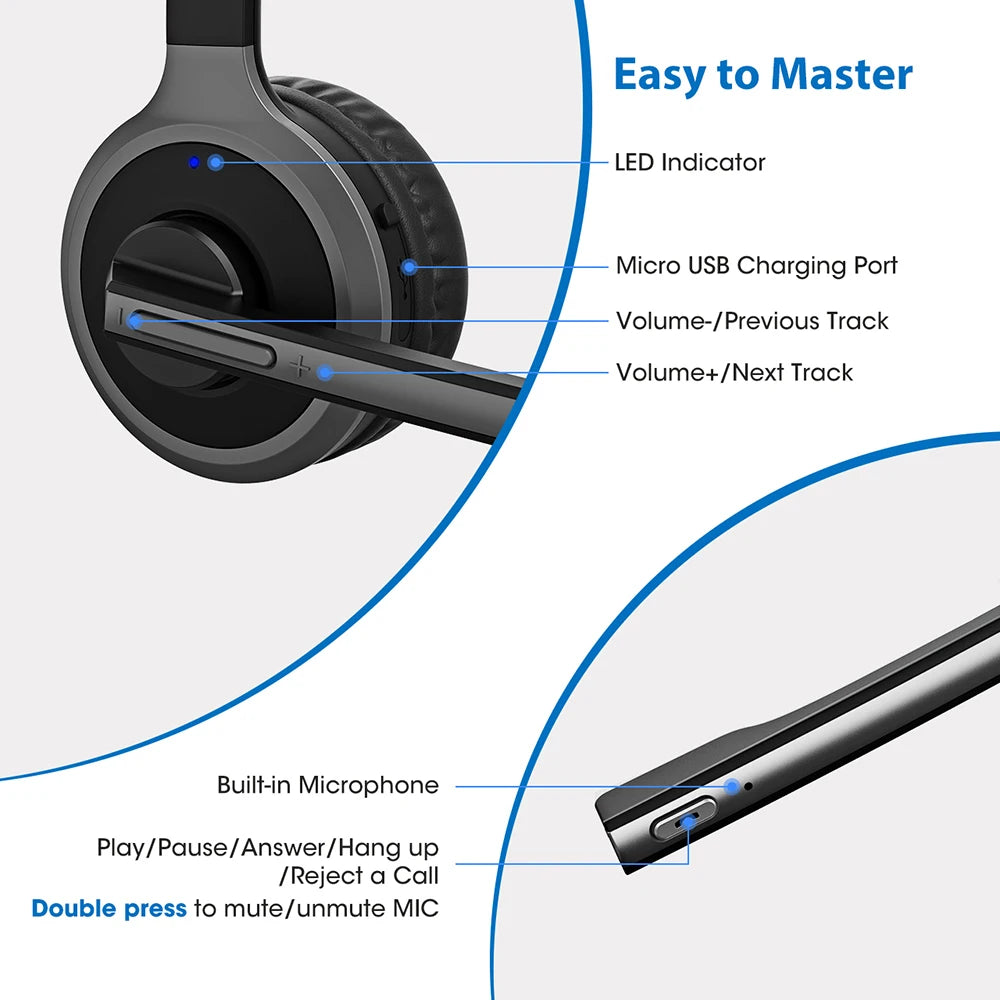 Bluetooth 5.0 Headphones with Mic Charging Base18H Talking Time