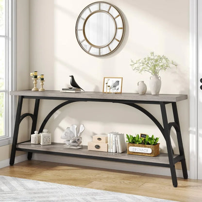 70.8” Sofa Console Table, 2 Tier with Black Steel Frame