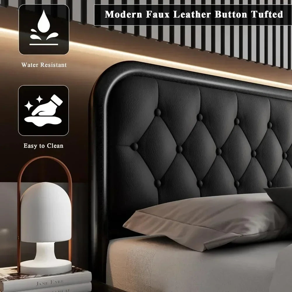 Heavy Duty Bed Frame With Faux Leather Headboard And Under-Bed Storage
