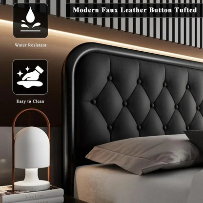 Heavy Duty Bed Frame With Faux Leather Headboard And Under-Bed Storage