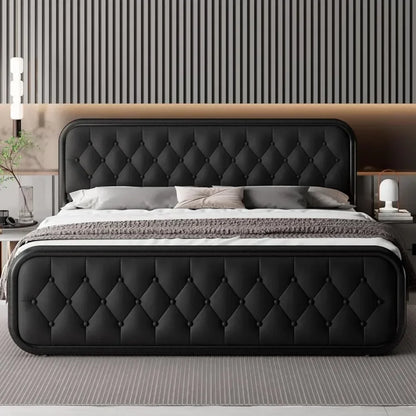 Heavy Duty Bed Frame With Faux Leather Headboard And Under-Bed Storage