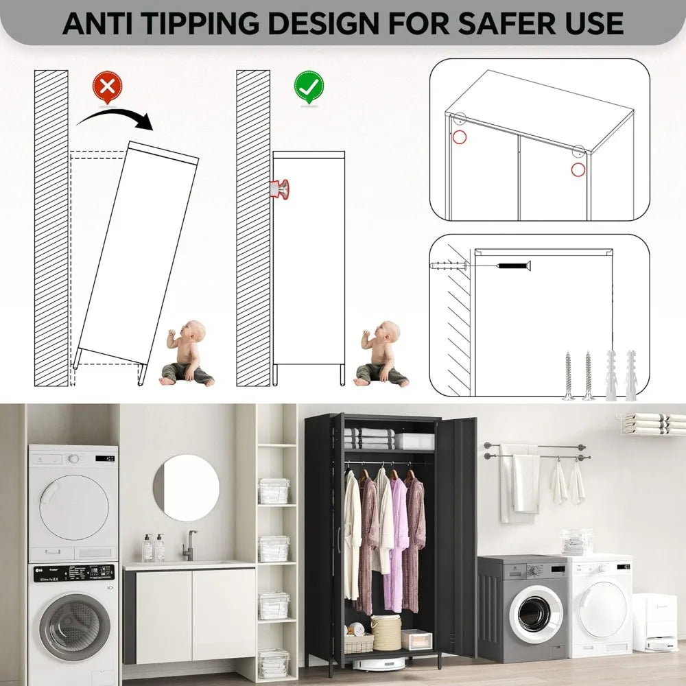 Heavy-Duty Rustproof Metal Storage Cabinet with Fixed Shelf and Hanging Rod