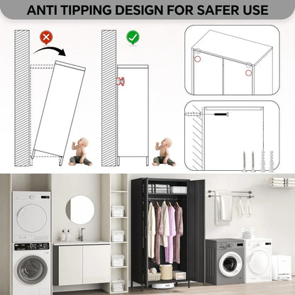 Heavy-Duty Rustproof Metal Storage Cabinet with Fixed Shelf and Hanging Rod