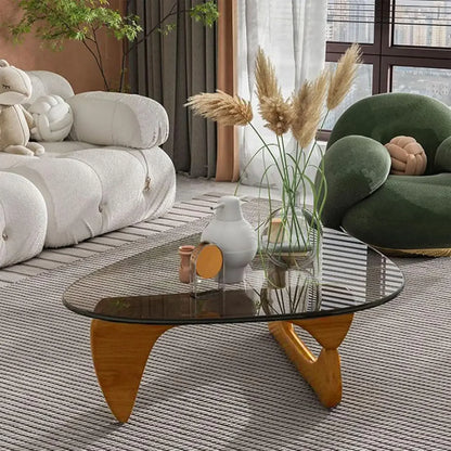 Triangle Glass Coffee Table with Wooden Base