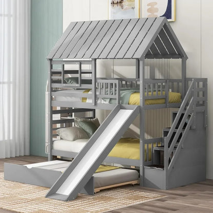Kids Twin Over Twin Bunk Beds with Slide and Trundle with Stairs and Storage