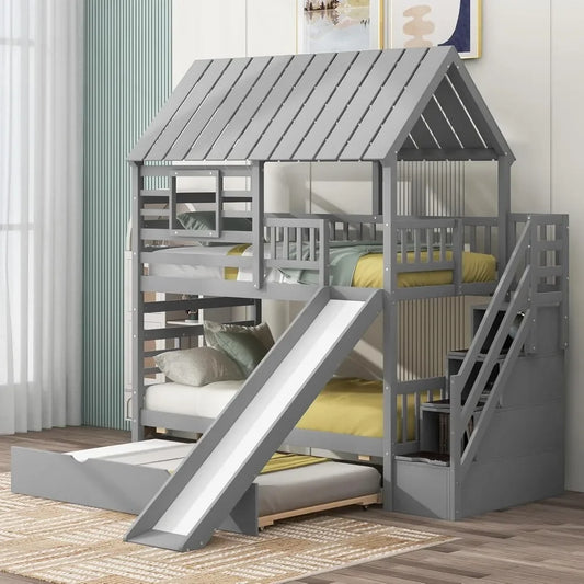 Kids Twin Over Twin Bunk Beds with Slide and Trundle with Stairs and Storage