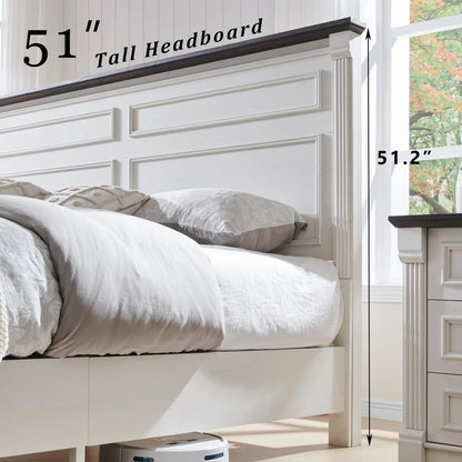 Farmhouse King Size Bed Frame with 51" Tall Headboard, 20" Tall Footboard