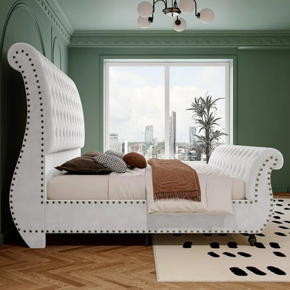 Queen Size Velvet Upholstered Platform Sleigh Bed with Scroll Headboard & Footboard