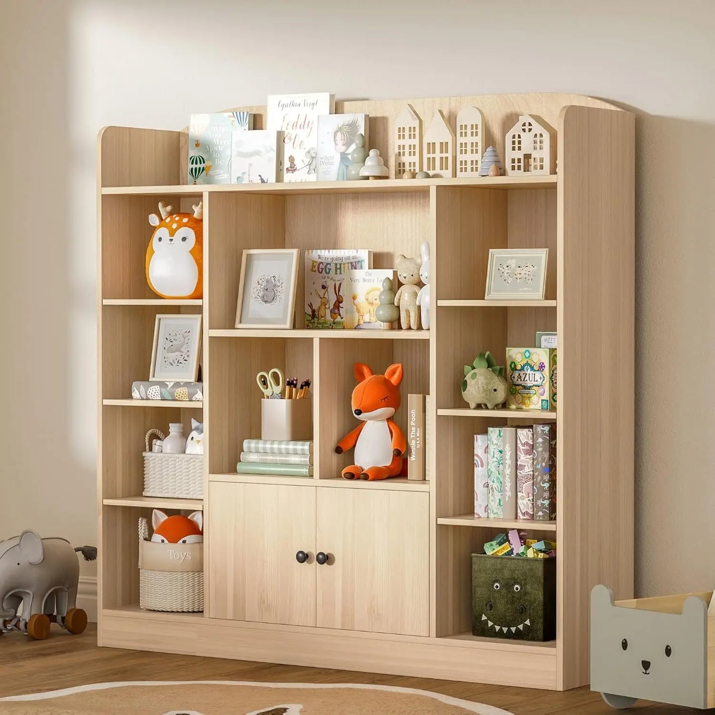 Freestanding Book Shelves with 11 Cubbies and 2 Cabinets