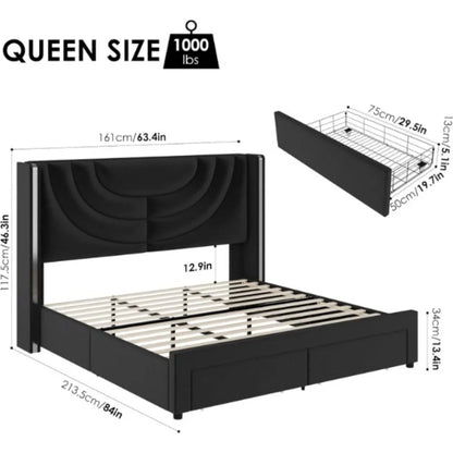 Upholstered Bed Frame with 2 Storage Drawers