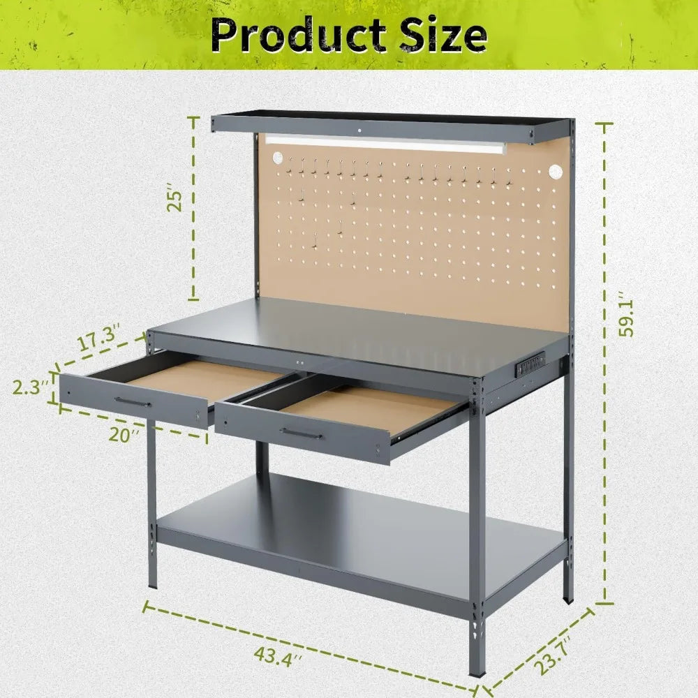 Steel Work Bench with Drawers, Pegboard, Light and Power Outlets