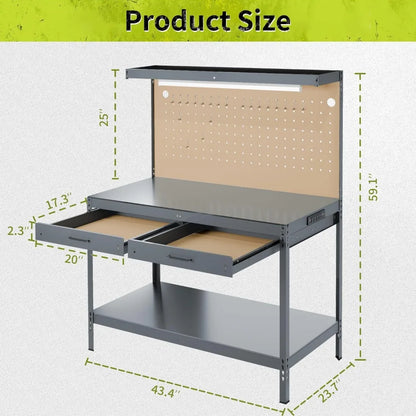 Steel Work Bench with Drawers, Pegboard, Light and Power Outlets