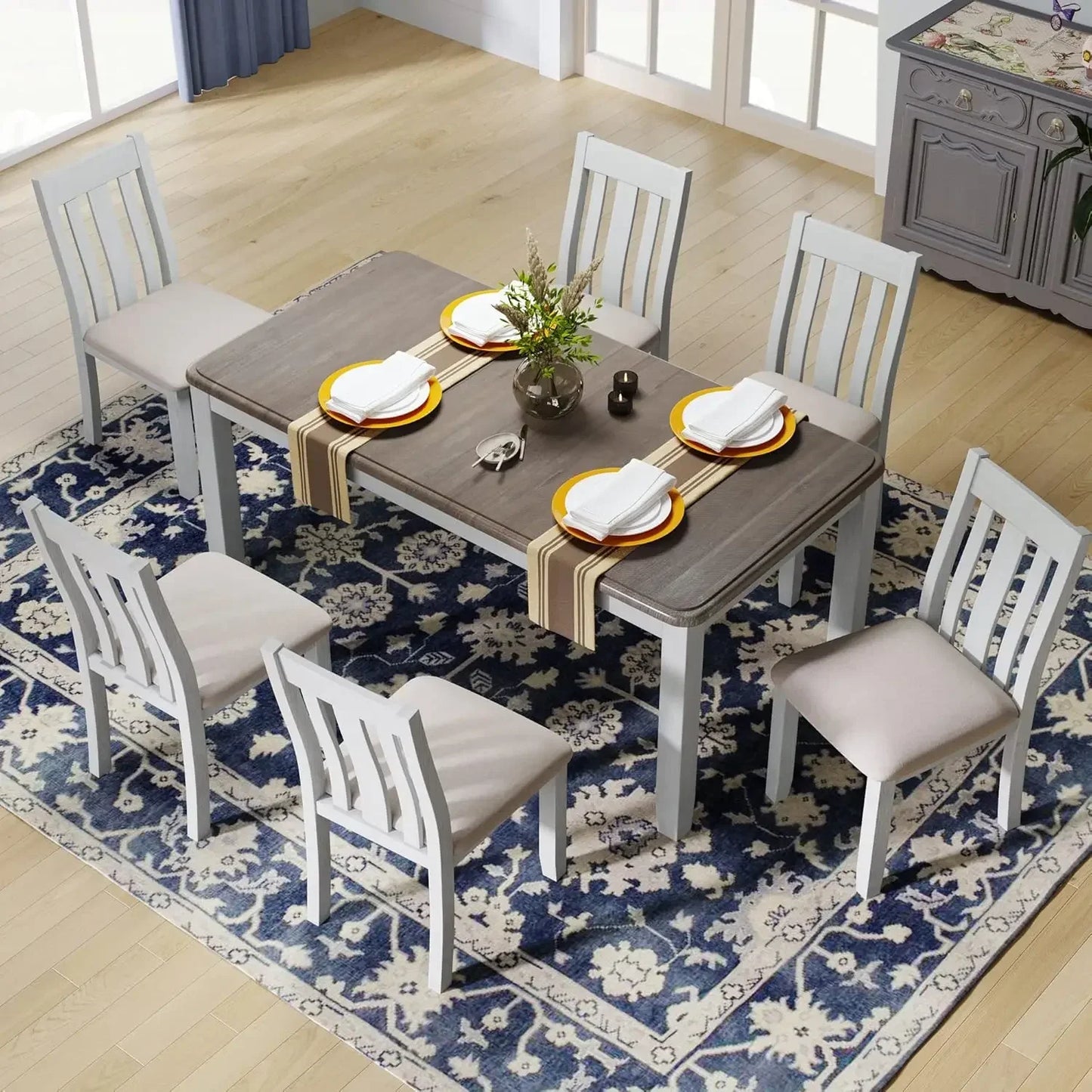 7-Piece Wooden Dining Table Set with 6 Upholstered Chairs