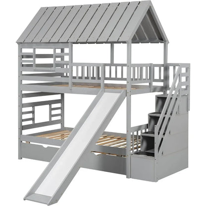 Kids Twin Over Twin Bunk Beds with Slide and Trundle with Stairs and Storage