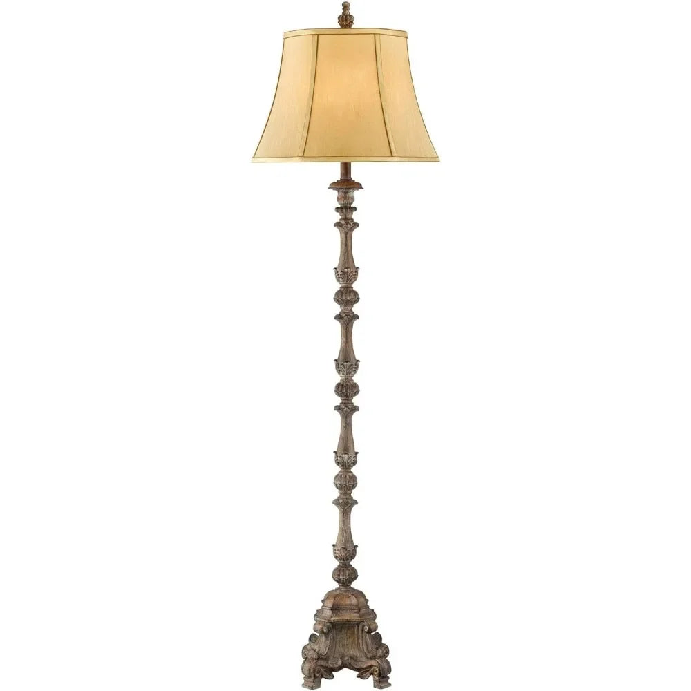Antique Candlestick Style Floor Lamp Standing 62" Tall With Silk Fabric Bell Shade