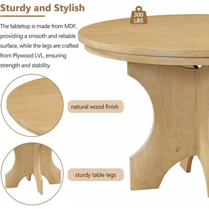 5 Piece Solid Wood 44” Round Dining Table with Upholstered Curved Bench and 3 Upholstered Chairs