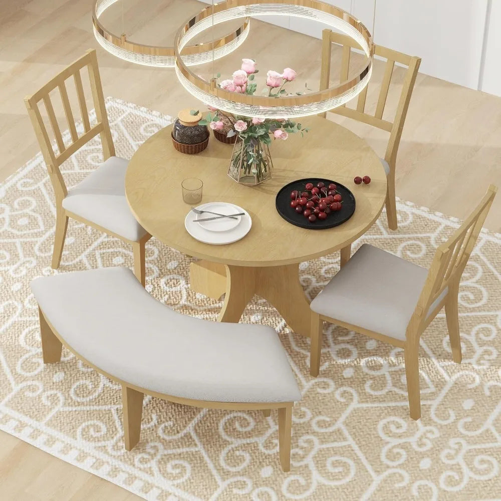 5 Piece Solid Wood 44” Round Dining Table with Upholstered Curved Bench and 3 Upholstered Chairs