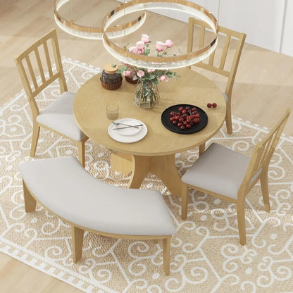 5 Piece Solid Wood 44” Round Dining Table with Upholstered Curved Bench and 3 Upholstered Chairs