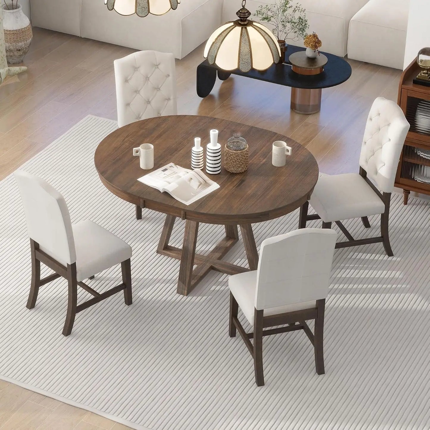 Extendable Round Wood Dining Room Table Set with Upholstered Chairs of 4-6 Persons